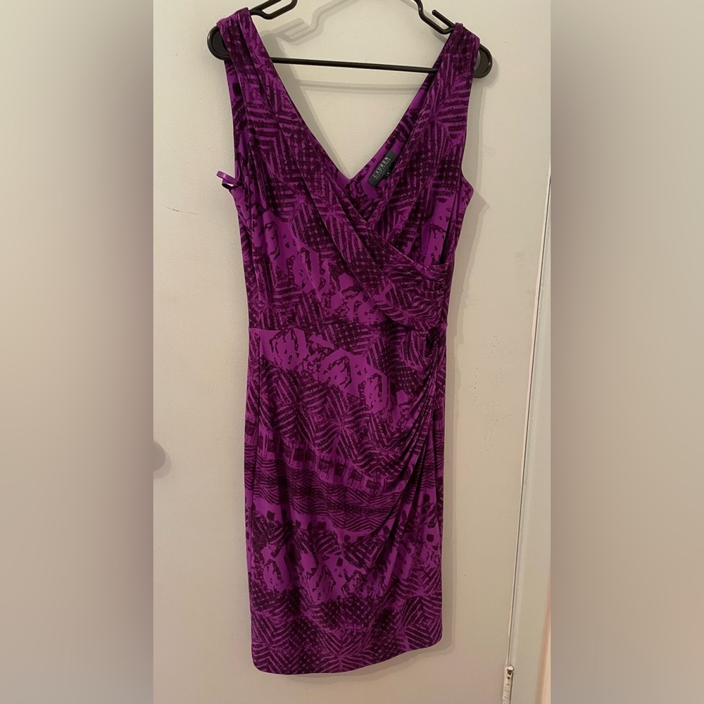 NWOT LAUREN Ralph Lauren sz 8 Dress Purple Black V-Neckline Faux Wrap
